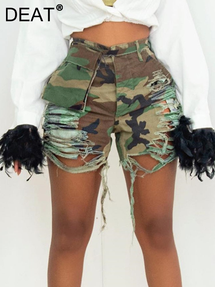 DEAT Fashion Women's Denim Shorts High Waist Loose Straight Camouflage Tassels Hollow Out Short Jeans Spring 2023 New 17A5933